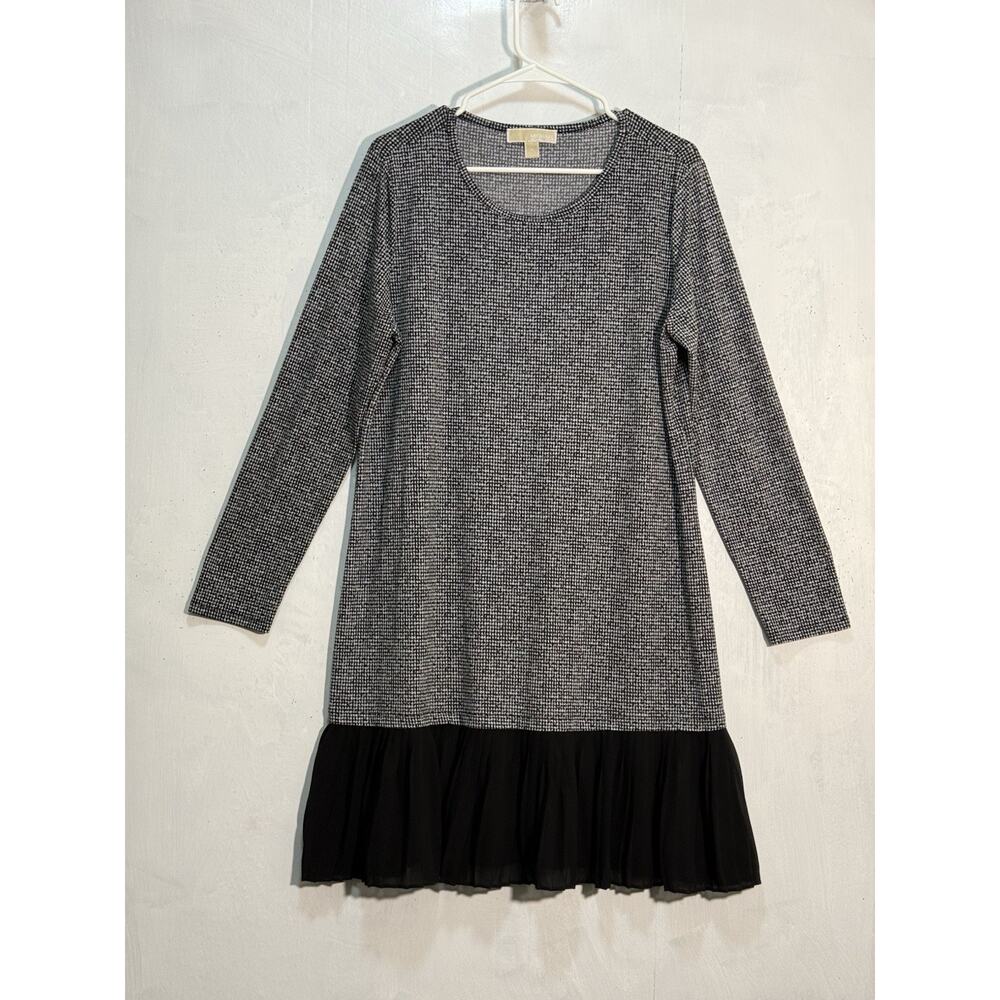 Michael Kors Houndstooth Print Black Pleated Hem Long Sleeve Dress Women’s Sz XL